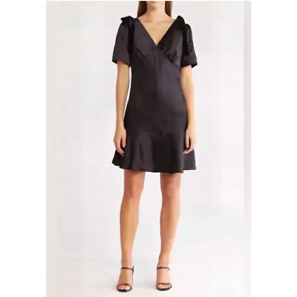 19 Cooper Black Satin V-Neck Velvet Bow Mini Party Dress Medium NWOT